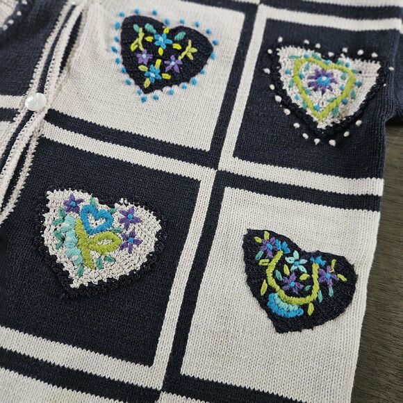 Vtg Patchwork Hearts Cardigan Sweater Medium Embroidered Short Sleeve Blue White - Picture 3 of 9